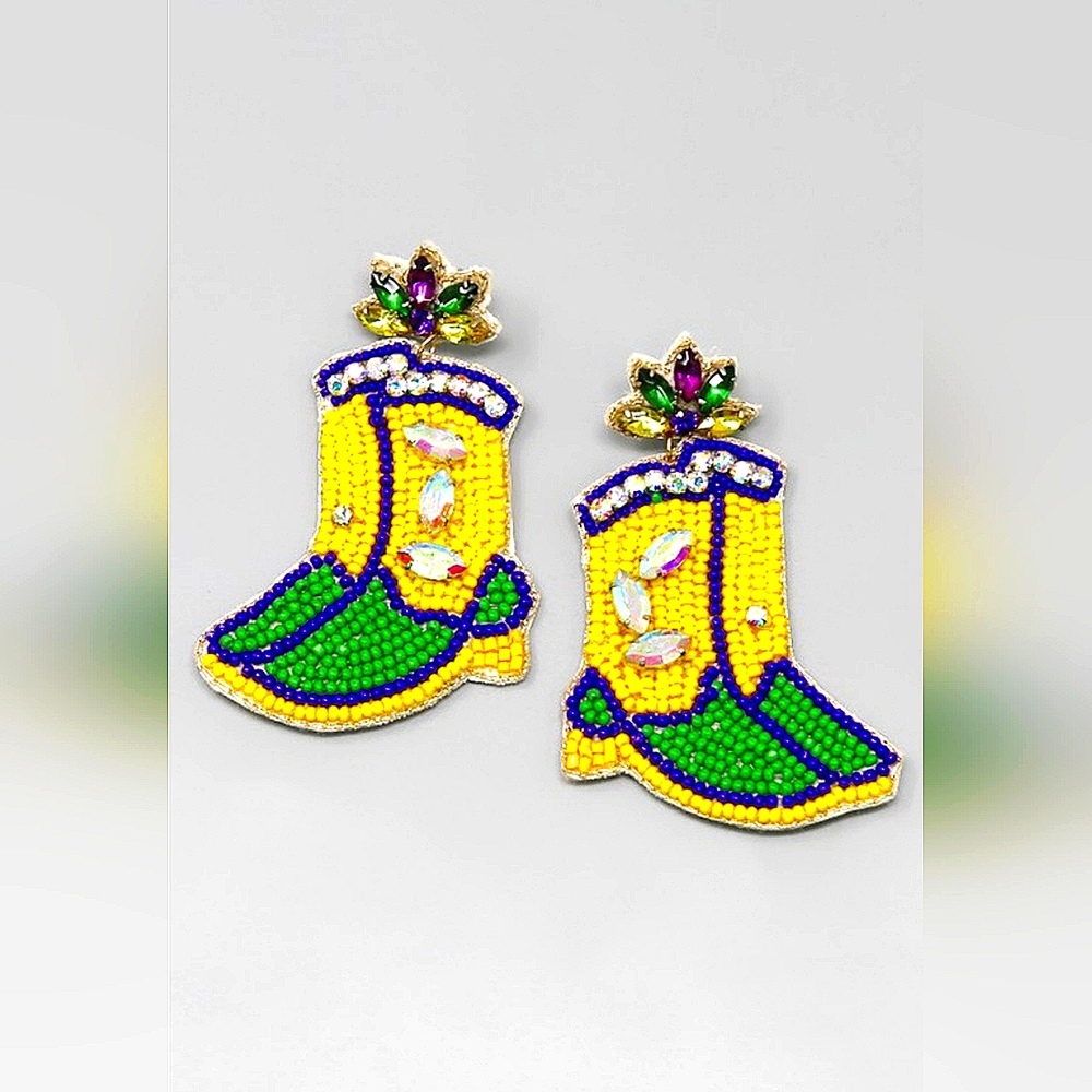 Mardi Gras earrings seed bead rhinestone Boots